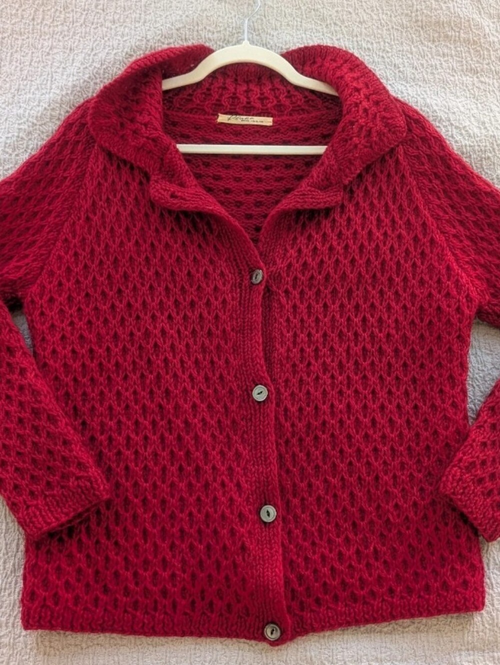 Flano Cardigan Sweater Womens Red Knit Button Up Collar Jacket Sz M Wool Cozy
